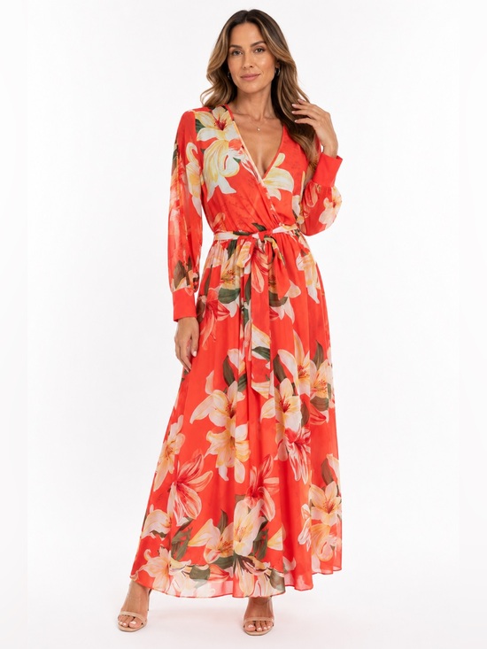 Dresses & Skirts - Kate & Lily Coral Floral Chiffon Wrap Maxi Dress Long Sleeve Belted Size 8